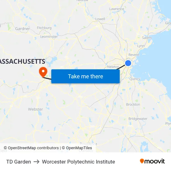 TD Garden to Worcester Polytechnic Institute map