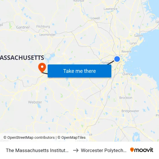 The Massachusetts Institute of Technology to Worcester Polytechnic Institute map