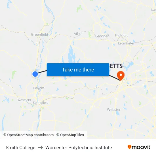 Smith College to Worcester Polytechnic Institute map