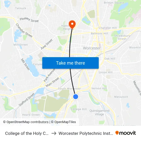 College of the Holy Cross to Worcester Polytechnic Institute map