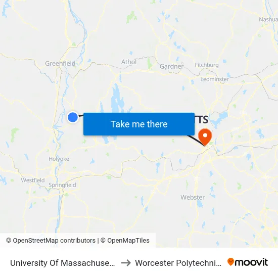 University Of Massachusetts Amherst to Worcester Polytechnic Institute map