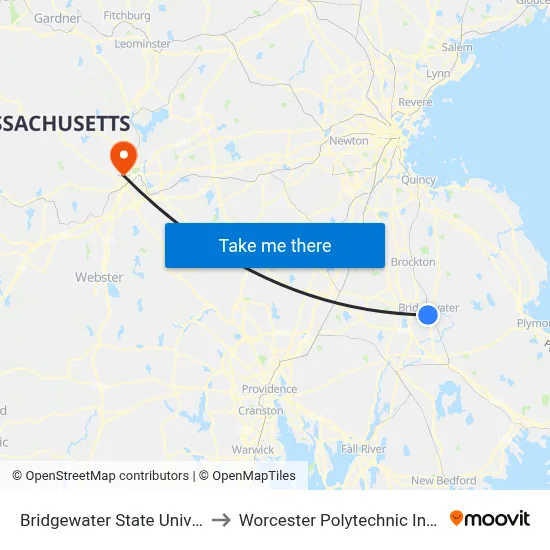 Bridgewater State University to Worcester Polytechnic Institute map