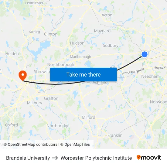 Brandeis University to Worcester Polytechnic Institute map