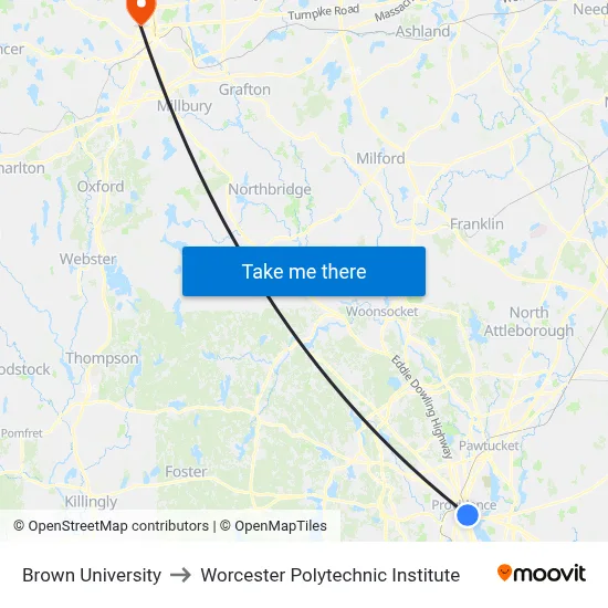Brown University to Worcester Polytechnic Institute map