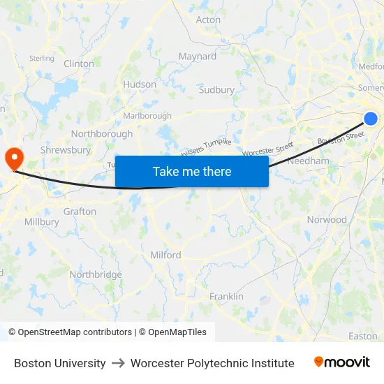 Boston University to Worcester Polytechnic Institute map