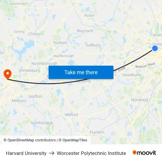 Harvard University to Worcester Polytechnic Institute map