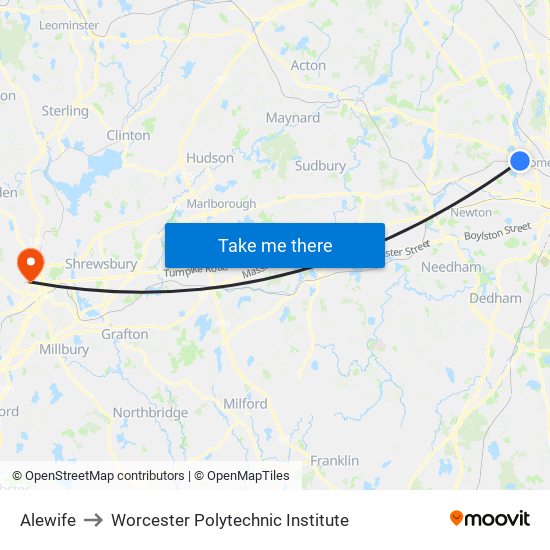 Alewife to Worcester Polytechnic Institute map