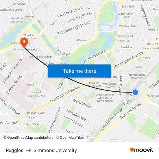 Ruggles to Simmons University map