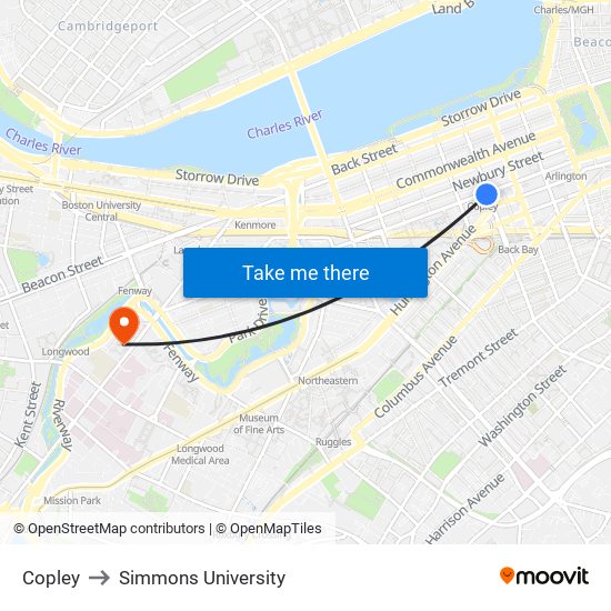 Copley to Simmons University map