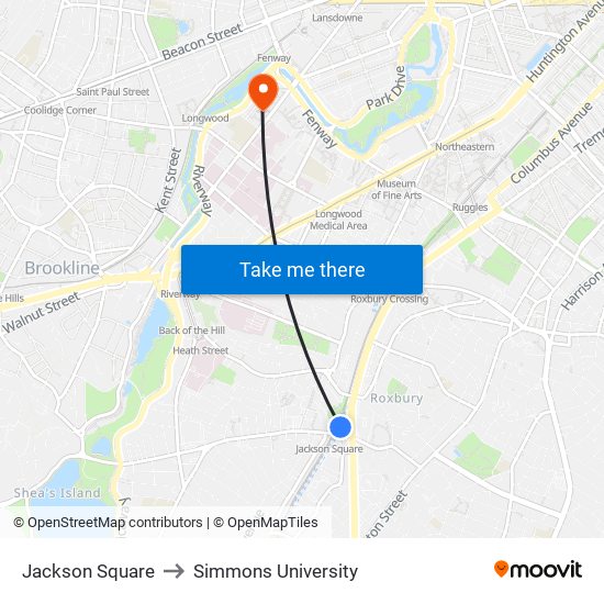 Jackson Square to Simmons University map