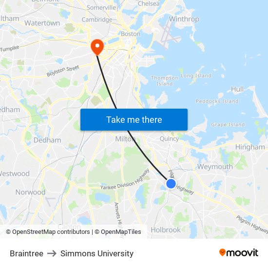 Braintree to Simmons University map