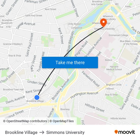 Brookline Village to Simmons University map