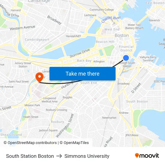 South Station Boston to Simmons University map