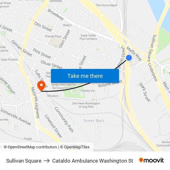 Sullivan Square to Cataldo Ambulance Washington St map