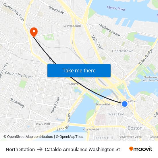 North Station to Cataldo Ambulance Washington St map