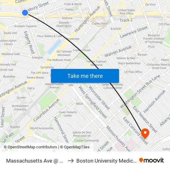 Massachusetts Ave @ Newbury St to Boston University Medical Campus map