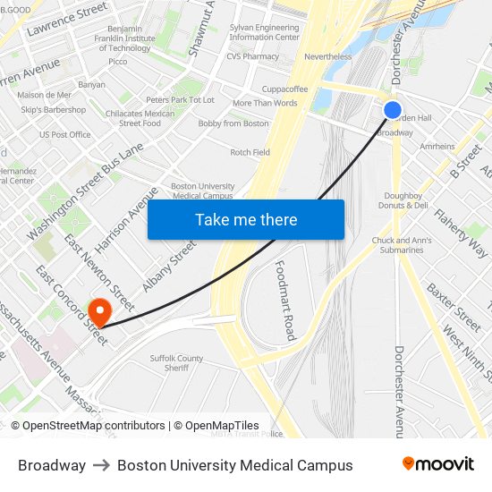 Broadway to Boston University Medical Campus map