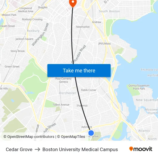 Cedar Grove to Boston University Medical Campus map