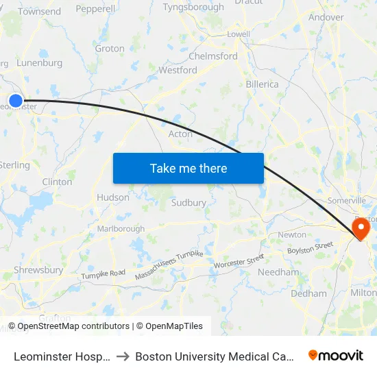 Leominster Hospital to Boston University Medical Campus map
