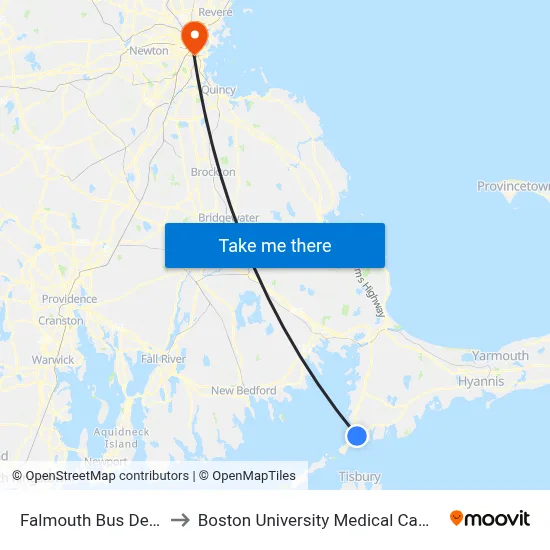 Falmouth Bus Depot to Boston University Medical Campus map