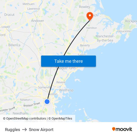 Ruggles to Snow Airport map