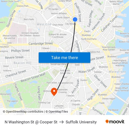 N Washington St @ Cooper St to Suffolk University map