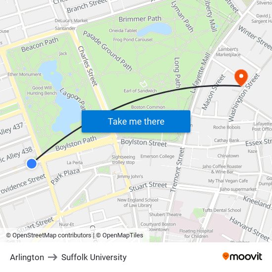 Arlington to Suffolk University map