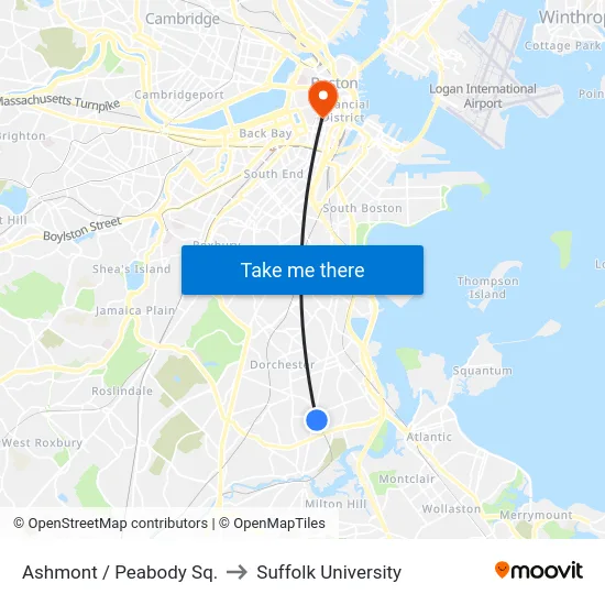 Ashmont / Peabody Sq. to Suffolk University map