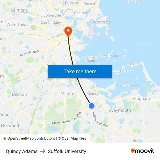 Quincy Adams to Suffolk University map