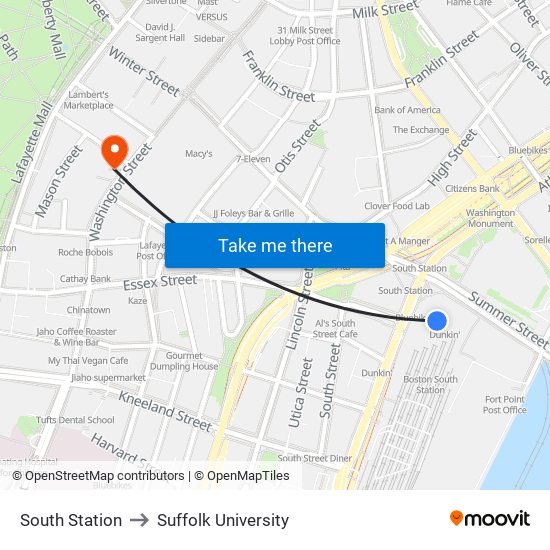 South Station to Suffolk University map