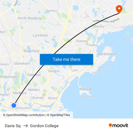 Davis Sq. to Gordon College map