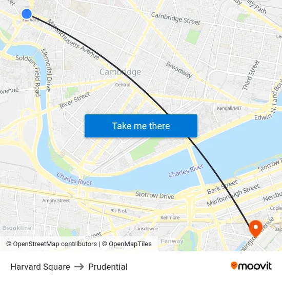 Harvard Square to Prudential map