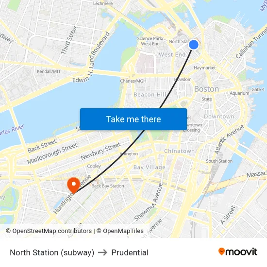 North Station (subway) to Prudential map