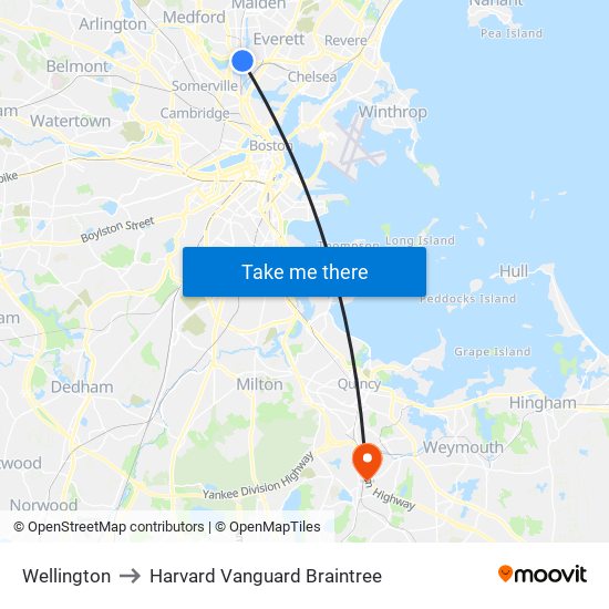 Wellington to Harvard Vanguard Braintree map