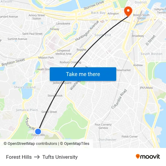 Forest Hills to Tufts University map