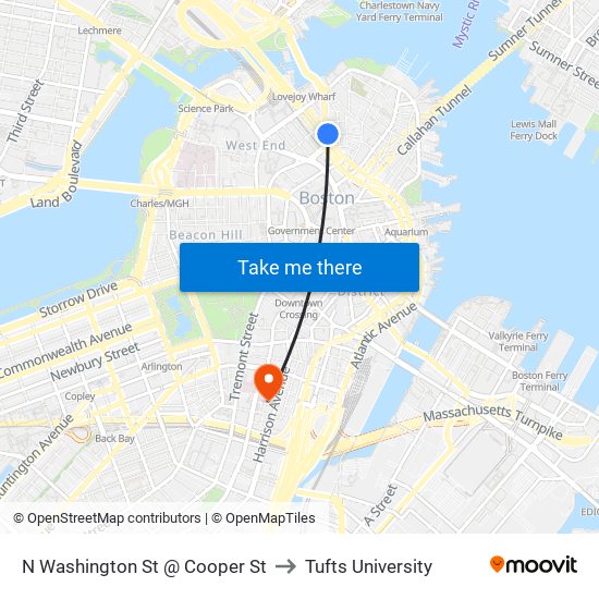 N Washington St @ Cooper St to Tufts University map