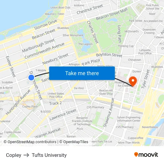 Copley to Tufts University map