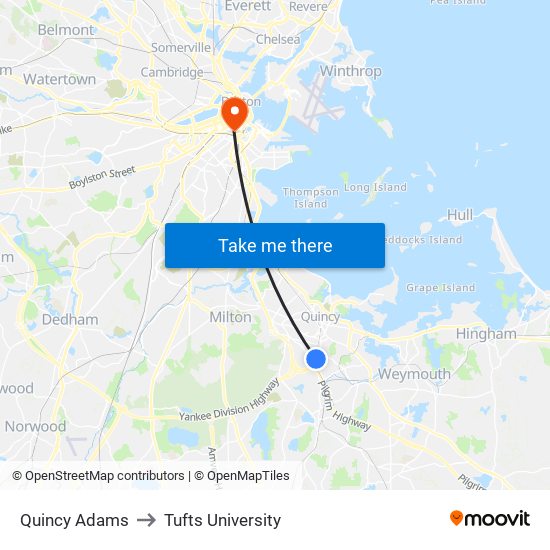 Quincy Adams to Tufts University map