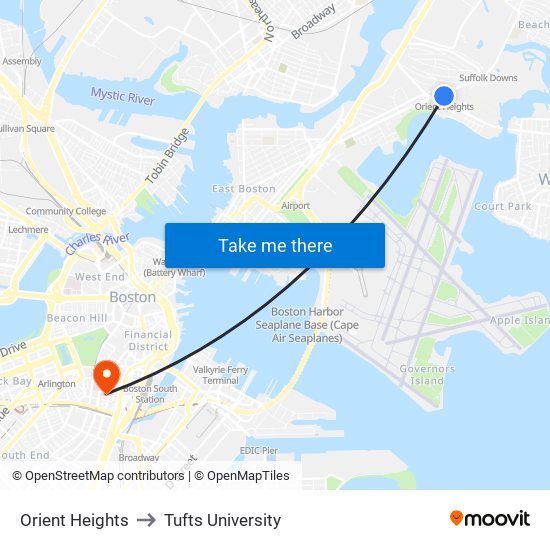 Orient Heights to Tufts University map