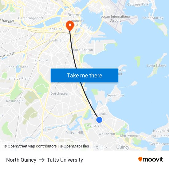 North Quincy to Tufts University map