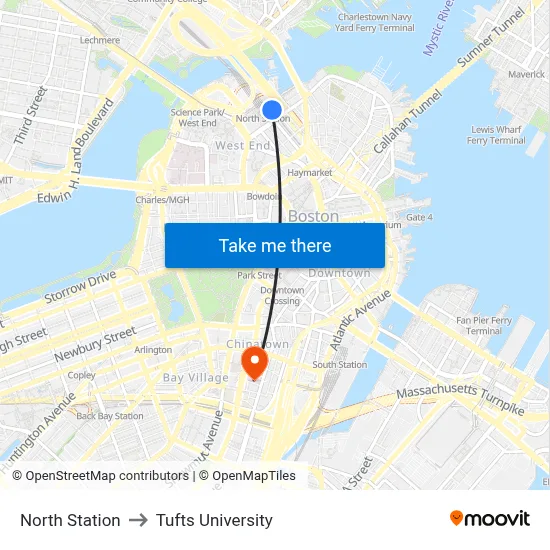 North Station to Tufts University map