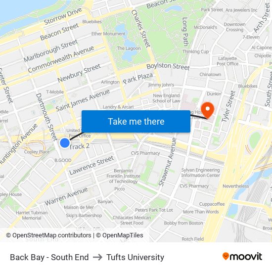 Back Bay - South End to Tufts University map