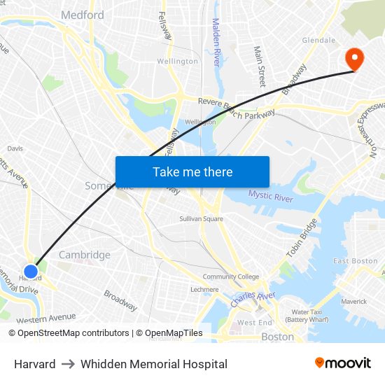 Harvard to Whidden Memorial Hospital map