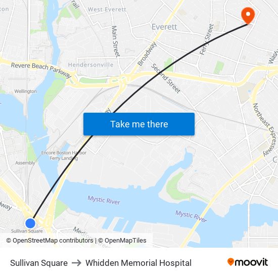 Sullivan Square to Whidden Memorial Hospital map