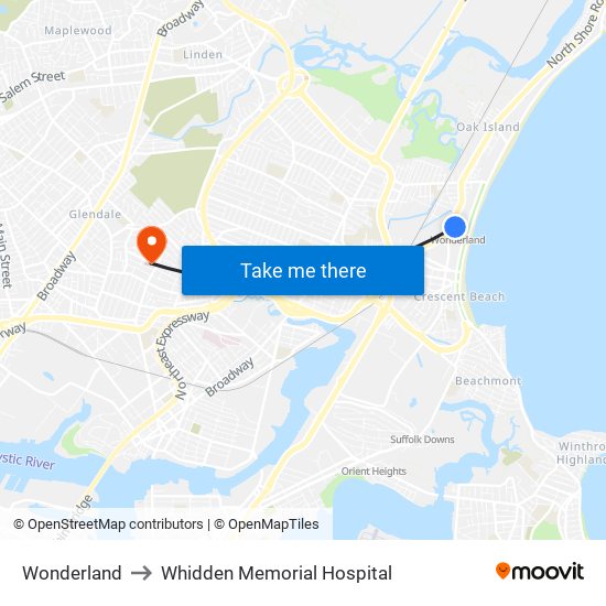 Wonderland to Whidden Memorial Hospital map