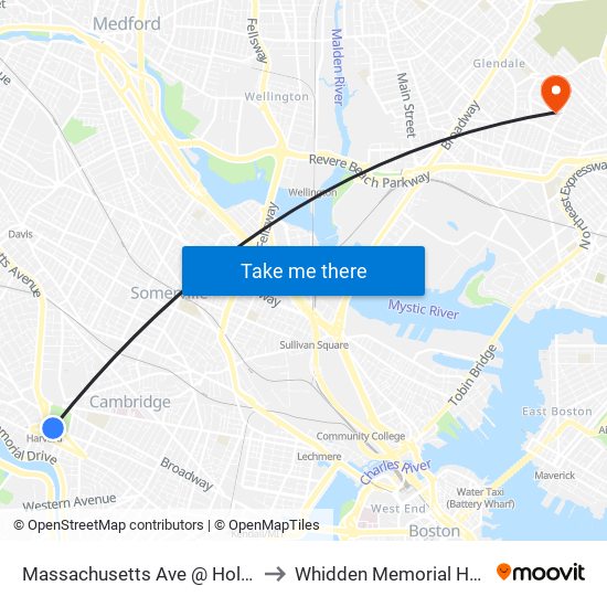 Massachusetts Ave @ Holyoke St to Whidden Memorial Hospital map