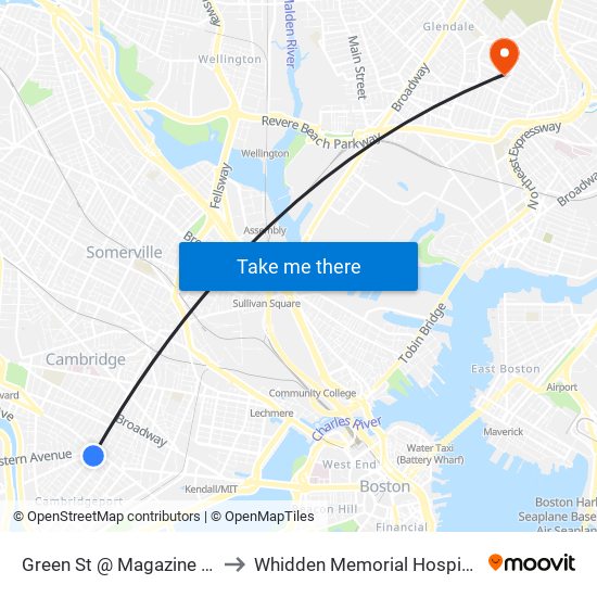 Green St @ Magazine St to Whidden Memorial Hospital map