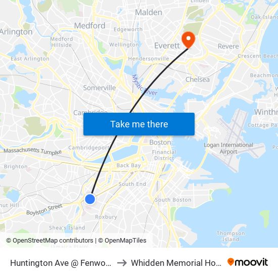 Huntington Ave @ Fenwood Rd to Whidden Memorial Hospital map