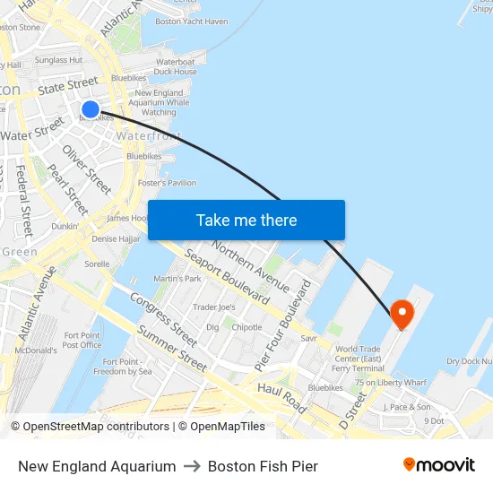 New England Aquarium to Boston Fish Pier map
