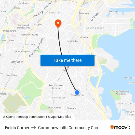 Fields Corner to Commonwealth Community Care map